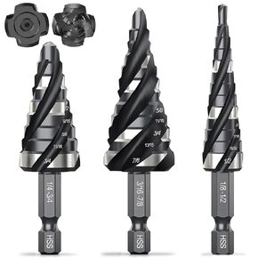 THINKWORK Four Spiral Flute Step Drill Bit Set, 5 Pcs HSS Step Drill Bits (1/8"-1-3/8") Unibit Step Drill Bit, 1/4" and 3/8" Shank Step Bits for Aluminum, Wood, Plastic, Metal