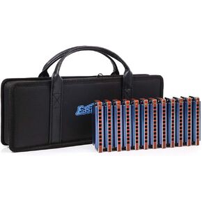 Diatonic Blues Harmonica 10-Hole Harmonica Set T008K 12 Keys Harmonica for Adults, Beginners, Students, Adults, Performers, Harmonica with Box (blue)