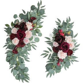 ponatia Wedding Arch Flowers (Pack of 2), Artificial Burgundy Wedding Flowers for Wedding Welcome Signs Decorations and Arch Flowers for Wedding Ceremony Reception (Burgundy & Blush)