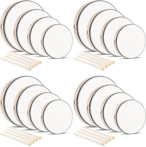 16 قطعة طبلة يدوية مع 16 قطعة طبلة عصا 6 بوصة 8 بوصة 10 بوصة 12 بوصة إطار خشبي طبل الكبار الأطفال الطبول الموسيقية التعليمية الآلات الإيقاعية للمنزل والمدرسة والحفلات، أبيض in Kuwait