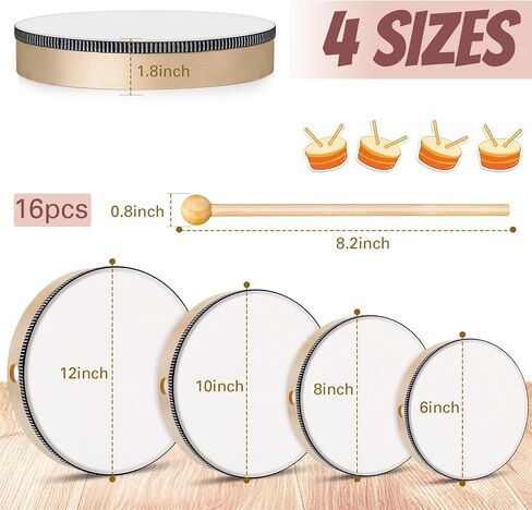 16 قطعة طبلة يدوية مع 16 قطعة طبلة عصا 6 بوصة 8 بوصة 10 بوصة 12 بوصة إطار خشبي طبل الكبار الأطفال الطبول الموسيقية التعليمية الآلات الإيقاعية للمنزل والمدرسة والحفلات، أبيض in Kuwait