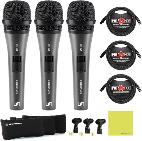 ميكروفون صوتي مباشر من Liquid Audio Sennheiser 3-Pack E 835-S، حزمة سوداء مع 3 عبوات Pig Hog PHM10 8 مم Mic XLR قماش تلميع in Saudi Arabia