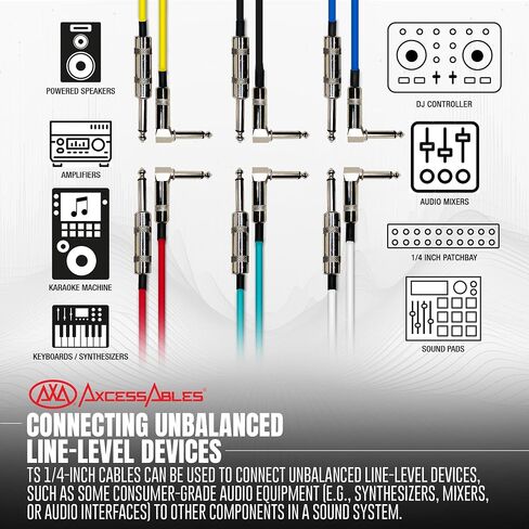 AxcessAbles 1/4" Right Angle Amp Cords for Bass & Electric Guitar - Metal TS Connectors, OFC Copper Wire | 6ft TS Instrument Cable Pack | Multi-Color Mono Guitar, Amp Cables (6ft, 6 Pack) in Kuwait