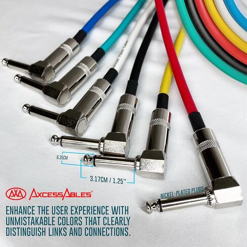 AxcessAbles 1/4" Right Angle Amp Cords for Bass & Electric Guitar - Metal TS Connectors, OFC Copper Wire | 6ft TS Instrument Cable Pack | Multi-Color Mono Guitar, Amp Cables (6ft, 6 Pack) in Kuwait