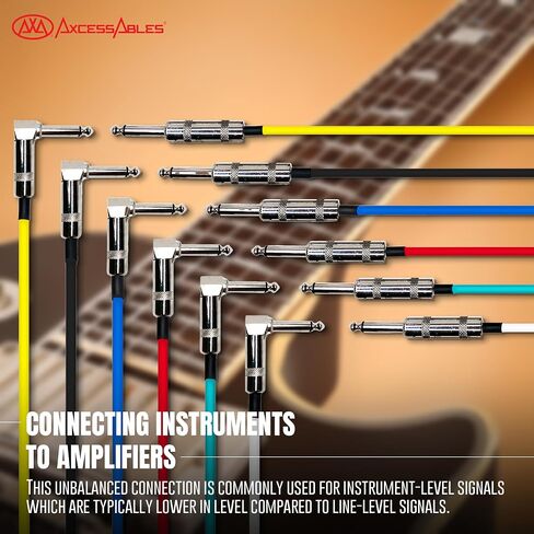 AxcessAbles 1/4" Right Angle Amp Cords for Bass & Electric Guitar - Metal TS Connectors, OFC Copper Wire | 6ft TS Instrument Cable Pack | Multi-Color Mono Guitar, Amp Cables (6ft, 6 Pack) in Kuwait