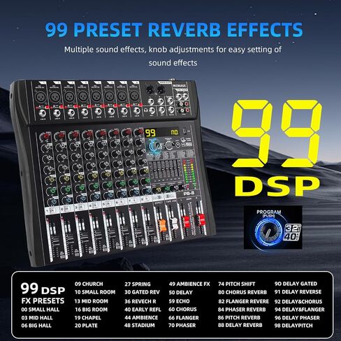 Audio Mixer 8 Channel Professional Mixer Console with 99 DSP Effects, 7-band EQ Sound Mixing Board Digital DJ Mixer w/USB Bluetooth MP3 for Recording, Independent 48V Power & Mute Button in Saudi Arabia