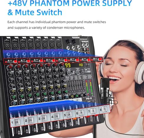 Audio Mixer 8 Channel Professional Mixer Console with 99 DSP Effects, 7-band EQ Sound Mixing Board Digital DJ Mixer w/USB Bluetooth MP3 for Recording, Independent 48V Power & Mute Button in Saudi Arabia