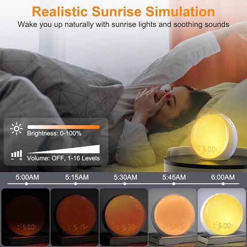 منبه شروق الشمس، ضوء الاستيقاظ، ساعة منبه مع محاكاة شروق الشمس/غروب الشمس، 8 ألوان ضوء ليلي، 10 أصوات مهدئة، راديو FM، منبه مزدوج، قيلولة بعد الظهر، ساعة منبه عالية للأطفال البالغين الذين ينامون كثيرًا in Kuwait