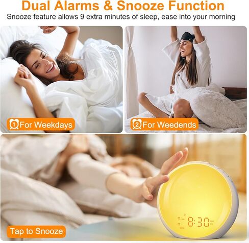 منبه شروق الشمس، ضوء الاستيقاظ، ساعة منبه مع محاكاة شروق الشمس/غروب الشمس، 8 ألوان ضوء ليلي، 10 أصوات مهدئة، راديو FM، منبه مزدوج، قيلولة بعد الظهر، ساعة منبه عالية للأطفال البالغين الذين ينامون كثيرًا in Kuwait