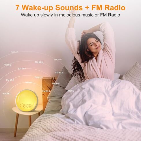 منبه شروق الشمس، ضوء الاستيقاظ، ساعة منبه مع محاكاة شروق الشمس/غروب الشمس، 8 ألوان ضوء ليلي، 10 أصوات مهدئة، راديو FM، منبه مزدوج، قيلولة بعد الظهر، ساعة منبه عالية للأطفال البالغين الذين ينامون كثيرًا in Kuwait