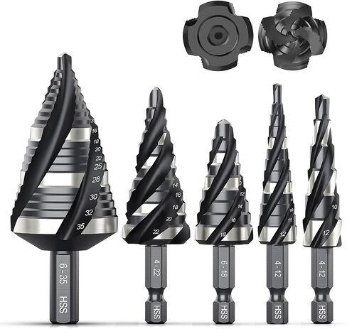 THINKWORK 5 Pcs HSS Step Drill Bit Set (Metric), Unibit for Metal-59 Steps | TiN coating, precise scale marks, (4-35mm)various sizes, smooth drilling, long lifespan, storage case,1/4"(6.35mm) Hex shank in Kuwait