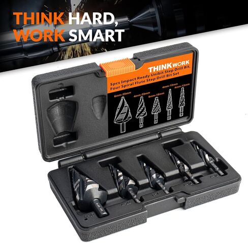 THINKWORK 5 Pcs HSS Step Drill Bit Set (Metric), Unibit for Metal-59 Steps | TiN coating, precise scale marks, (4-35mm)various sizes, smooth drilling, long lifespan, storage case,1/4"(6.35mm) Hex shank in Kuwait