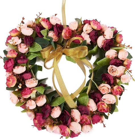 إكليل إكليل على شكل قلب من SISJULY إكليل فني عتيق لمحاكاة زهور الورد لتزيين المنزل ونبيذ أحمر (14 بوصة، قلب) in Kuwait