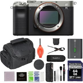 Sony a7C Mirrorless Camera Body (Silver) Bundle with 2X 64GB SD Card, Backpack, Monopod + More | Sony Alpha a7C
