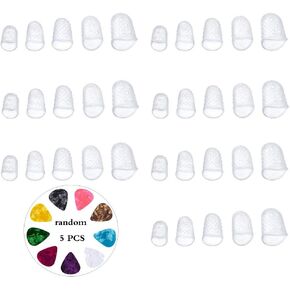 35 Pcs Guitar Silicone Finger Protector, Clear Fingertip Protection Covers Caps Finger Guards for Ukulele Electric Guitar, 5 Sizes, with 5 Guitar Picks