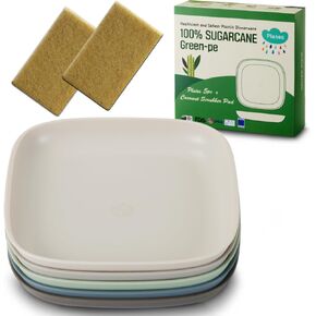 SUGARCANE Kids Plates 5Pack (7.9") + Coconut Pad 2Pc- Organic Dishes for Toddler to Big Kids - USDA Certified – Microwaves & Dishwasher Safe – BPA Free, Unbreakable, Reusable - Multi in Kuwait
