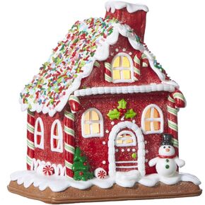 One Holiday Way 7-Inch Light Up Red Faux Gingerbread House w/Peppermint Candy, Sprinkles - Decorative LED Lighted Xmas Home Decor Figurine - Christmas Village Decoration for Mantel, Tabletop, Desk
