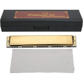 24 Holes Tremolo Harmonica Mouth Organ with Case for Adult Students Beginner (Gold B Key) Wind Instrument