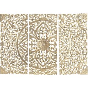 Deco 79 Wood Plaque S/3 Can Be Placed Anywhere Decor Intricately Carved Wall Sculpture with Mandala Design, 48"H, 48"W, Beige