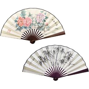 2 Pcs Large Folding Hand Fans,13 inch Bamboo Fabric Fans with Chinese Traditional Painting for Performance,Decorations (Bamboo & peony)