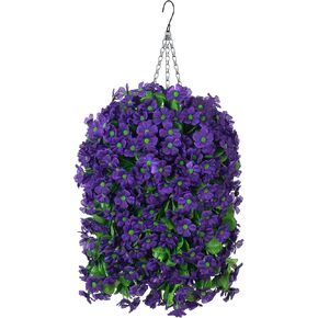 Artificial Hanging Flowers in 12 inch Basket, Fake Plant Silk Orchid Flower Arrangement with Coconut Lining Pot Planter for Patio Garden Porch Deck Spring Summer Decor(Dark Purple)