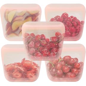 purifyou Set of 5 Reusable Silicone Storage Snack Bags 6oz / 16oz / 32oz / 64oz Self-Seal Food Storage Container for Fruits, Vegetables, Sandwiches, Dishwasher Safe & Leak-free (CloudPink, 6oz)