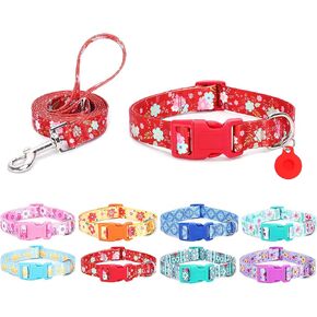 Moonpet Dog Collar with Leash & Airtag Holder Case Set, Breathable Adjustable Durable Dog Collars for Male Female Puppy X-Small Small Medium Large Dogs Walking Running Training-Red Flower-S