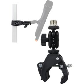 Mic Crab Clamp Microphone Mount with Double Ball Head Adjustment 1/4" to 5/8" Thread, Fits Mic Stand, Drum Stand, Desktop Shelf