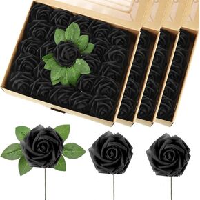 100 Pcs Artificial Flowers Real Looking Rose Flowers Foam Fake Roses with Leaves and Stems for DIY Wedding Bouquets Centerpieces Bridal Shower Party Home Decor(Black)