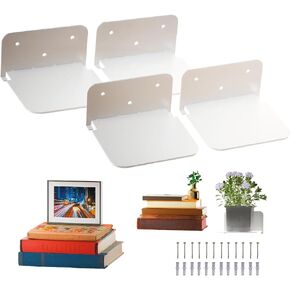 Invisible Floating Bookshelf - (Pack of 4) Sturdy Metal Heavy Duty Floating Bookshelves, Multipurpose Stackable Wall Mount Bookshelves for Home/Office/Library