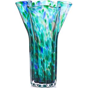 9" Tall Teal Vase Hand Blown Glass Vase Green, Modern Teal Home Table Centerpieces Wide Mouth Vases for Bud&Flower Decor - Ideal Living Room, Kitchen, Wedding, Dining Table, Office Center Table