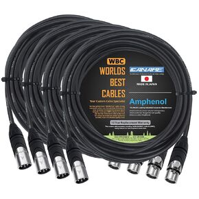 WORLDS BEST CABLES 4 Units - 20 Foot - Canare L-4E6S, Star Quad Balanced Male to Female Microphone Cables with Amphenol AX3M & AX3F Silver XLR Connectors - CUSTOM MADE