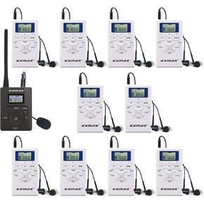 سماعات رأس ستيريو لاسلكية EXMAX E108 DSP نظام بث راديو FM للدليل السياحي والتدريس والتدريب على السفر والتفسير الميداني 1 جهاز إرسال و10 أجهزة استقبال (أبيض)