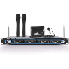 Pyle 4 Channel VHF Wireless Microphone System & Rack Mountable Base 2 Handheld MIC, 2 Headset, 2 Belt Pack, 2 Lavelier/Lapel MIC With Independent Volume Controls AF & RF Signal Indicators (PDWM4300)