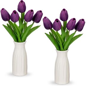 Briful 2 Packs Faux Flowers Artificial Tulips with Ceramic Vase, Poly Foam Purple Tulips Real Touch Flower Arrangement for Home Kitchen Wedding Centerpiece Decoration in Kuwait