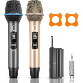 Wireless Microphones Handheld 2 Pack: Rechargeable Dual Dynamic UHF Microphone System with Receiver, Metal Cordless Karaoke Microphone for Singing, Rap, DJ, Party, Speech, Church, Class Teaching