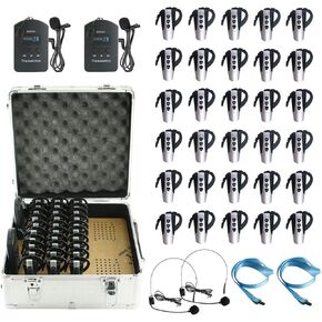 EXMAX® EXD-6824 2.4G Hands-free Audio Tour Guide System with 9999 Channel ID for Interpreter to Simultaneous Interpretation,for Tour Guide to travel(2 Transmitters 30 Receivers & 32-slot Charge Case)