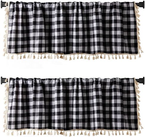 2 حزمة من ستائر النوافذ المنسوجة من القماش القطني بفحص الجاموس وجيب قضيب أبيض وأسود منقوشة اتجاهات ديكور ستائر تصميم المزرعة للمطبخ أو غرفة المعيشة 16 بوصة × 56 بوصة (مباشر) in Kuwait