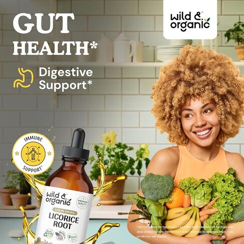Wild & Organic Licorice Root Liquid Extract - Licorice Root Supplement for Respiratory Health & Digestion Support - Glycyrrhiza Glabra Tincture - Vegan, Alcohol Free Drops - 2 fl oz in Kuwait