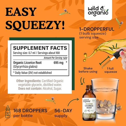 Wild & Organic Licorice Root Liquid Extract - Licorice Root Supplement for Respiratory Health & Digestion Support - Glycyrrhiza Glabra Tincture - Vegan, Alcohol Free Drops - 2 fl oz in Kuwait