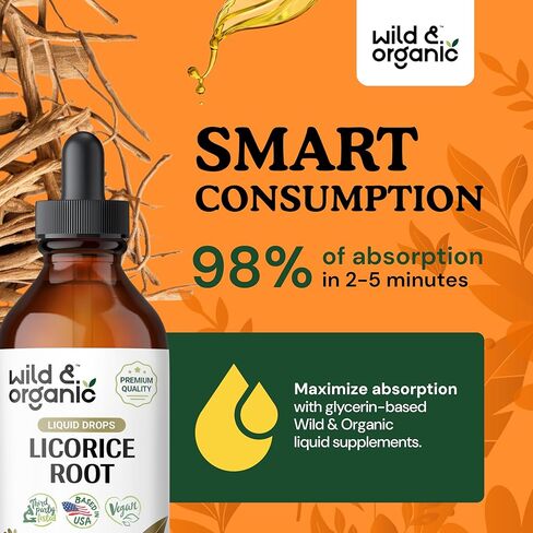 Wild & Organic Licorice Root Liquid Extract - Licorice Root Supplement for Respiratory Health & Digestion Support - Glycyrrhiza Glabra Tincture - Vegan, Alcohol Free Drops - 2 fl oz in Kuwait