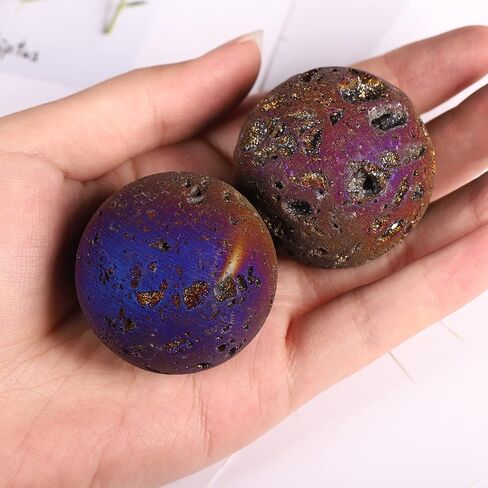 Cheungshing Angel Aura Quartz Druzy Geode Sphere مع قاعدة خشبية، تمثال نحت كرة عقيق كريستال كوارتز مطلي بالتيتانيوم لعيد الفصح، أزرق غامق in Saudi Arabia