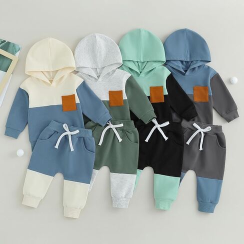 Toddler Baby Boy Clothes Color Block Hooded Sweatshirt Pullover Jogger Pants 2Pcs Fall Winter Sweatsuit Outfit in Kuwait
