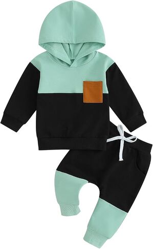 Toddler Baby Boy Clothes Color Block Hooded Sweatshirt Pullover Jogger Pants 2Pcs Fall Winter Sweatsuit Outfit in Kuwait