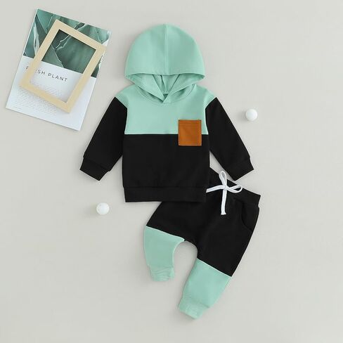 Toddler Baby Boy Clothes Color Block Hooded Sweatshirt Pullover Jogger Pants 2Pcs Fall Winter Sweatsuit Outfit in Kuwait