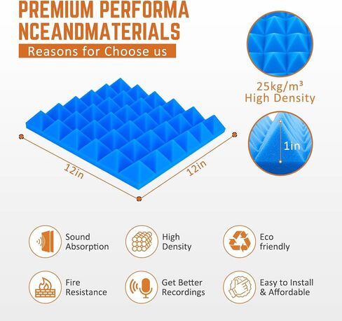 Acoustic Panels Sound Absorbing 12Pack for High-Density Pyramid Acoustic Foam 1"×12"×12" Sound Proof Panels for Walls for Noise Absorbing Canceling (12 Pack-1inch Pyramid) Blue in Saudi Arabia