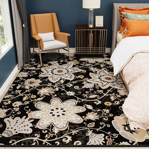 HOMORE سجادة منطقة الأزهار قابلة للغسل مقاس 5 × 7، سجاد منطقة سوداء لغرفة المعيشة سجادة كبيرة غير قابلة للانزلاق لغرفة الغسيل في المدخل وغرفة الغسيل رقيقة جدًا سجادة رمي الزهور لغرفة النوم وغرفة الطعام وديكور غرفة الأطفال in Kuwait