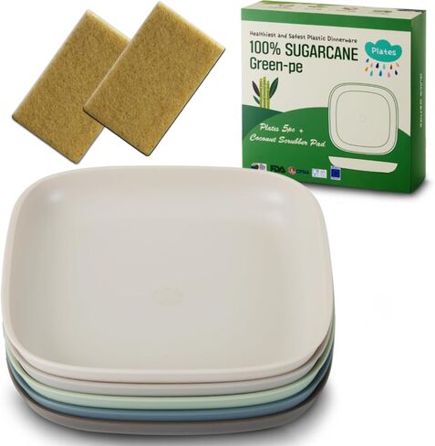 SUGARCANE Kids Plates 5Pack (7.9") + Coconut Pad 2Pc- Organic Dishes for Toddler to Big Kids - USDA Certified – Microwaves & Dishwasher Safe – BPA Free, Unbreakable, Reusable - Multi in Kuwait