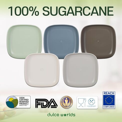 SUGARCANE Kids Plates 5Pack (7.9") + Coconut Pad 2Pc- Organic Dishes for Toddler to Big Kids - USDA Certified – Microwaves & Dishwasher Safe – BPA Free, Unbreakable, Reusable - Multi in Kuwait
