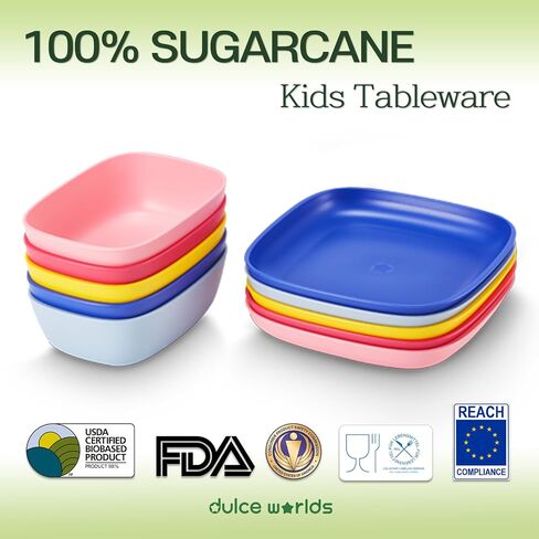 أطباق أطفال SUGARCANE 5 عبوات (7.9 بوصة) - أطباق عضوية للأطفال الصغار إلى الأطفال الكبار - معتمدة من وزارة الزراعة الأمريكية - آمنة للاستخدام في الميكروويف وغسالة الأطباق - خالية من مادة BPA، غير قابلة للكسر، قابلة لإعادة الاستخدام - متعددة in Kuwait